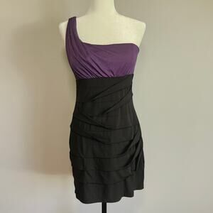 City Triangles Dress‎ Womens L Black Purple Ruched One Shoulder Bodycon Mini